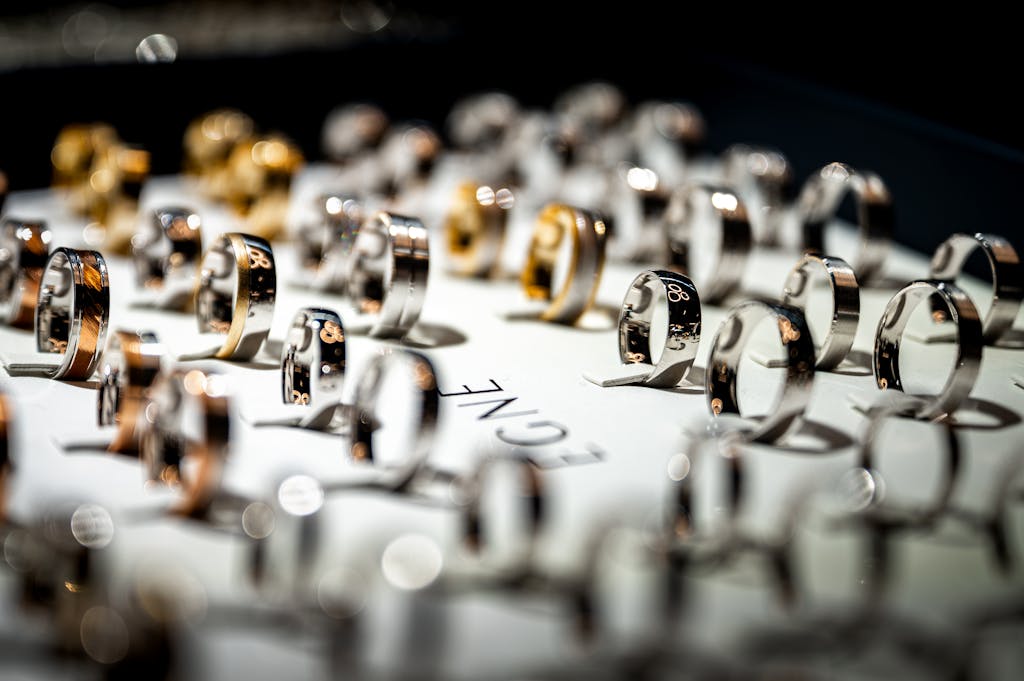 An exquisite display of luxury rings elegantly presented on a store counter, showcasing fine craftsmanship.
